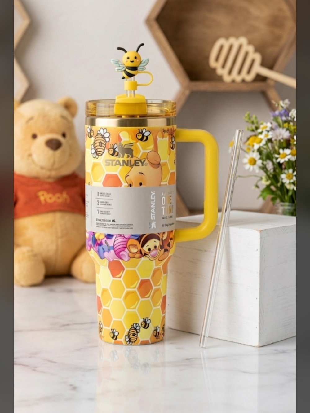 Stanley Yellow Winnie the Pooh Honeycomb Tumbler with Bee Charm Lid